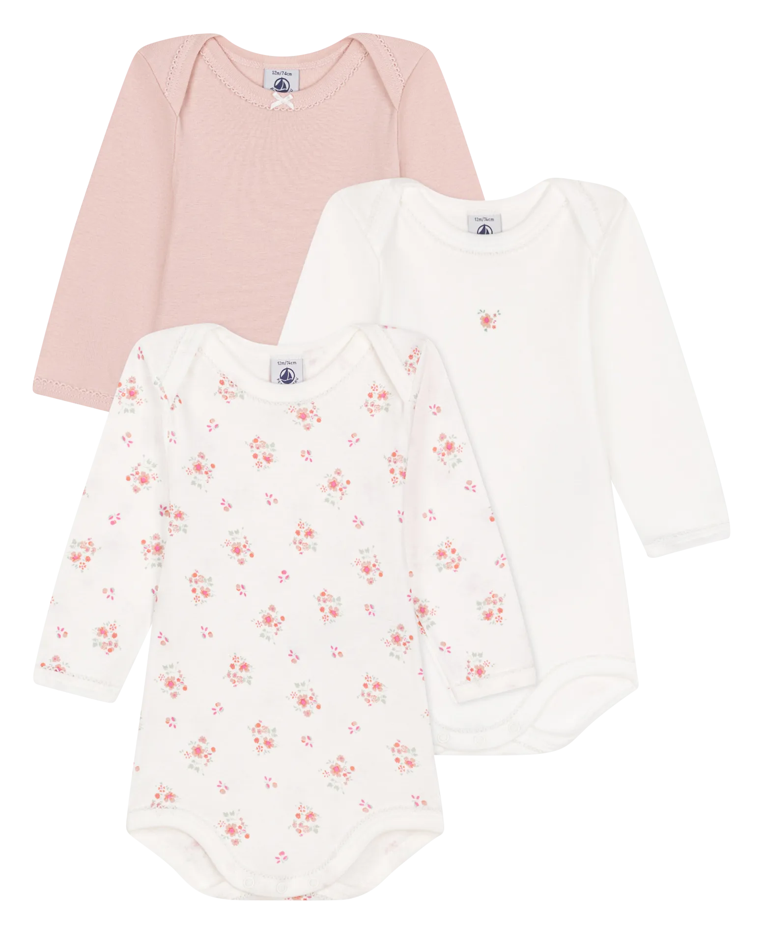 PETIT BATEAU Conjunto de tres bodies de algodón en multicolor