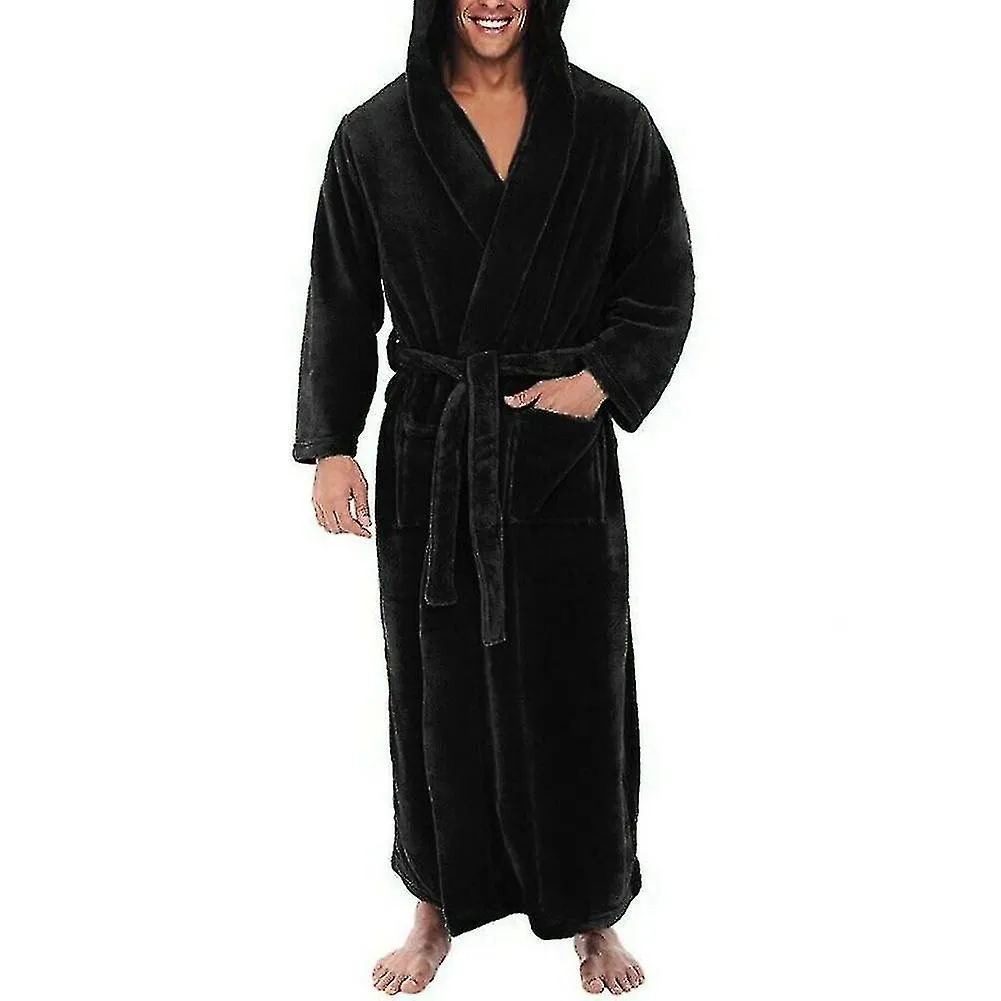 POCKETS SOFT MEN CORAL FLEECE COLOR BLOCK LONG BATH ROBE HOME GOWN SLEEPWEARAM
