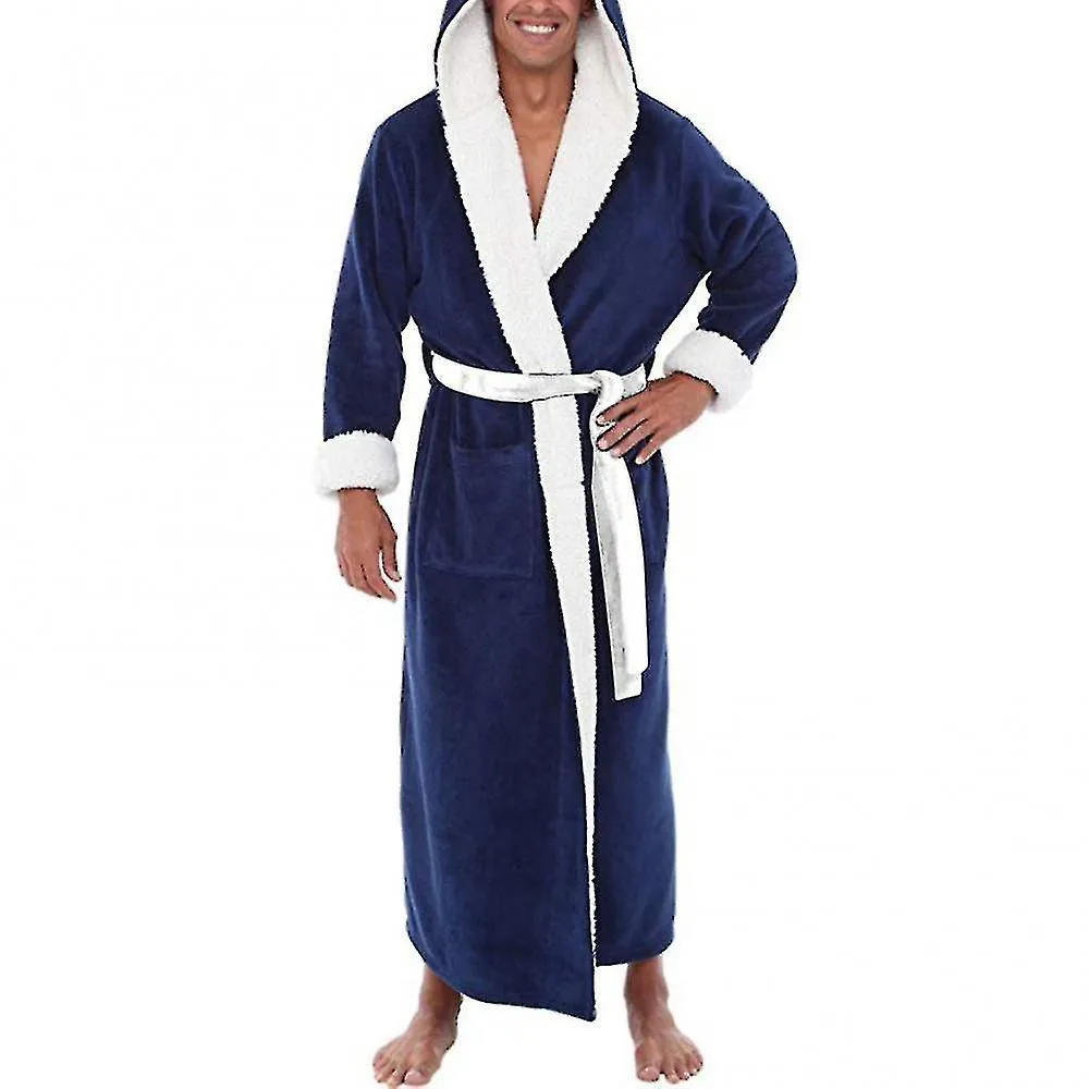 POCKETS SOFT MEN CORAL FLEECE COLOR BLOCK LONG BATH ROBE HOME GOWN SLEEPWEARAM