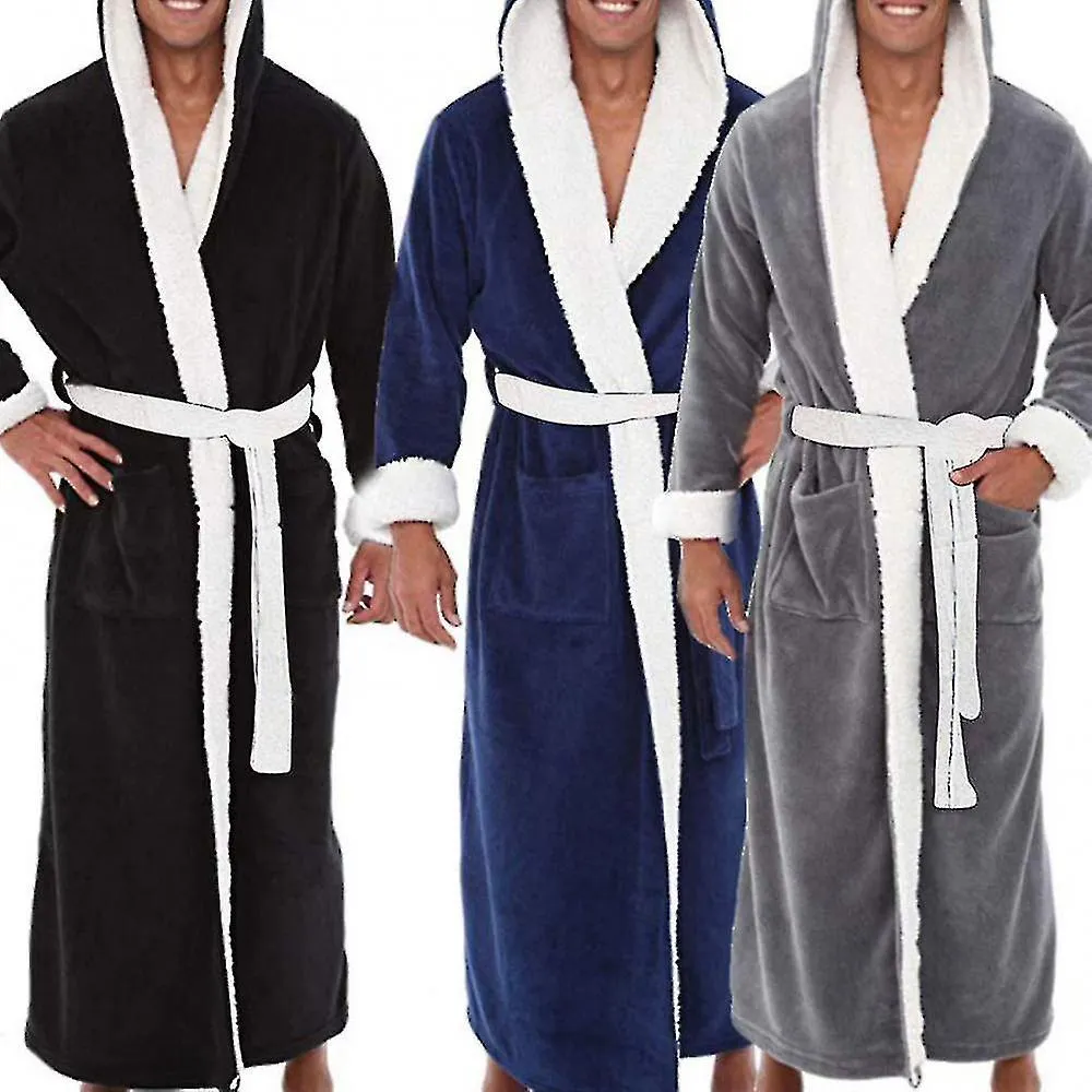 POCKETS SOFT MEN CORAL FLEECE COLOR BLOCK LONG BATH ROBE HOME GOWN SLEEPWEARAM