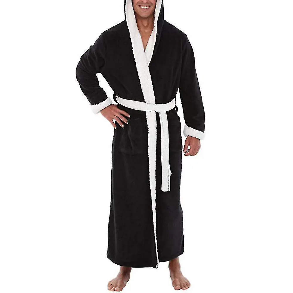 POCKETS SOFT MEN CORAL FLEECE COLOR BLOCK LONG BATH ROBE HOME GOWN SLEEPWEARAM