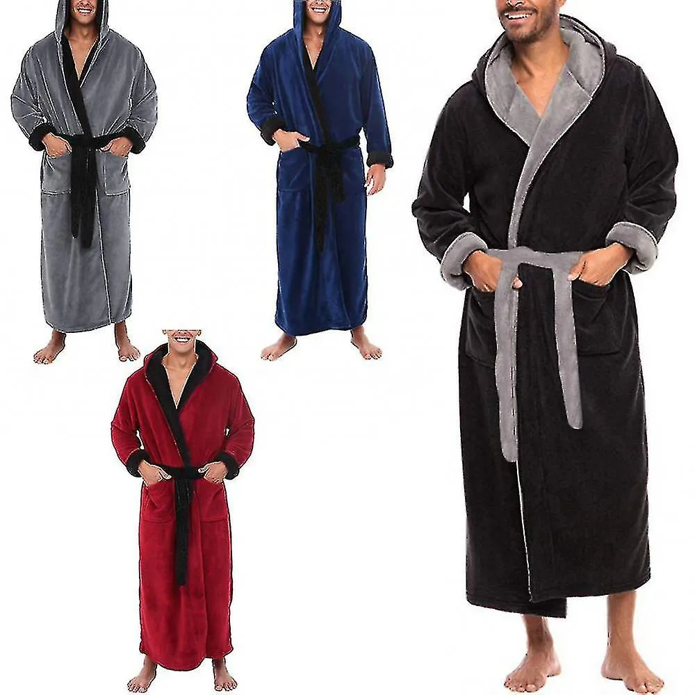 POCKETS SOFT MEN CORAL FLEECE COLOR BLOCK LONG BATH ROBE HOME GOWN SLEEPWEARAM