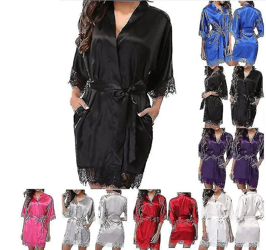 SATIN ROBE WEDDING BRIDE BRIDESMAID KIMONO DRESSING GOWN SLEEPWEAR BATHROBE C