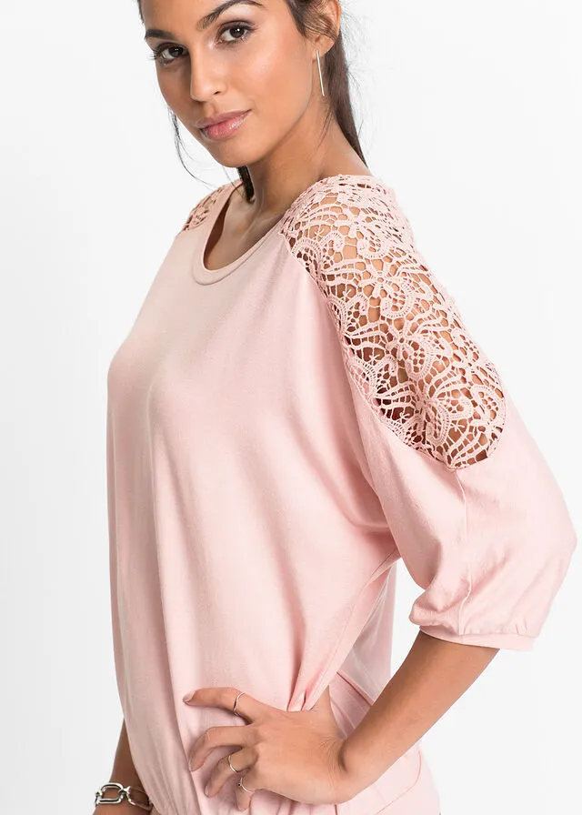 Top amplio con encaje en las mangas Rosa vintage