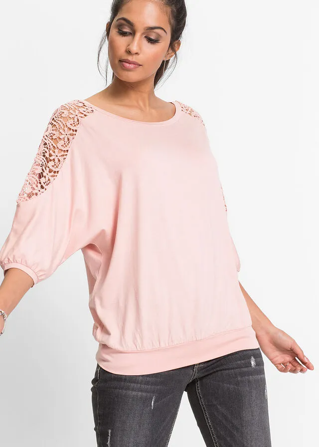Top amplio con encaje en las mangas Rosa vintage