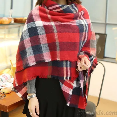 Warm Shawl Plaid Scarf Large Handmade Tassel Square Scarf