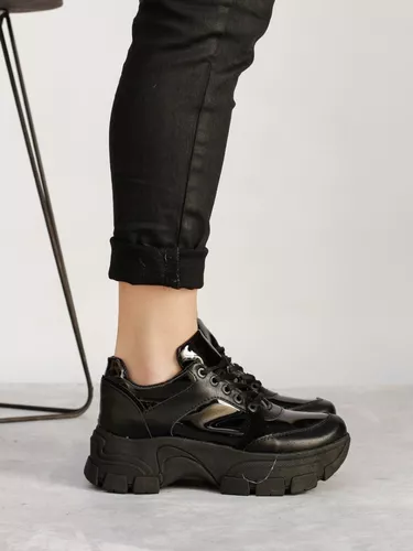 Zapatillas Altas De Dama Plataforma Eco Cuero Negras Pia