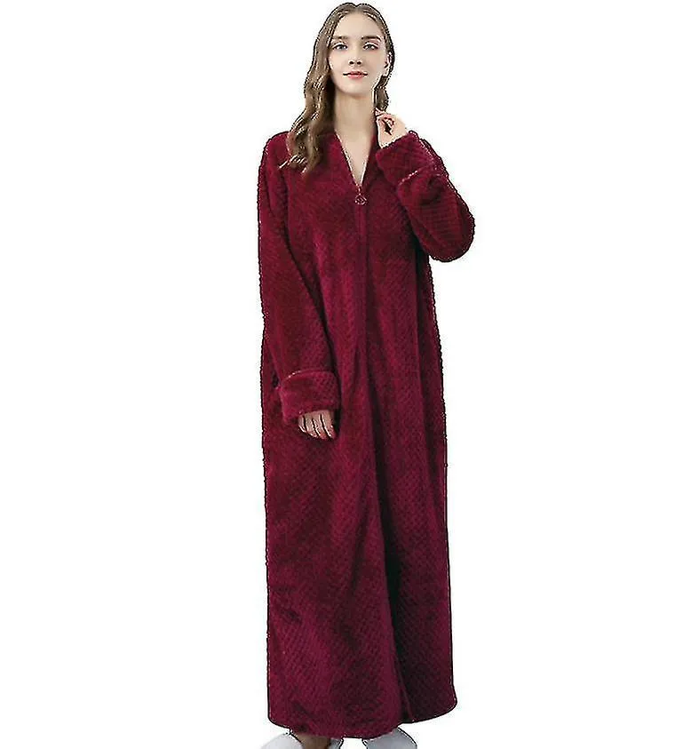 Zipper Bathrobe For Womens Flannel Fleece Robes Winter Warm Housecoat Nightgown