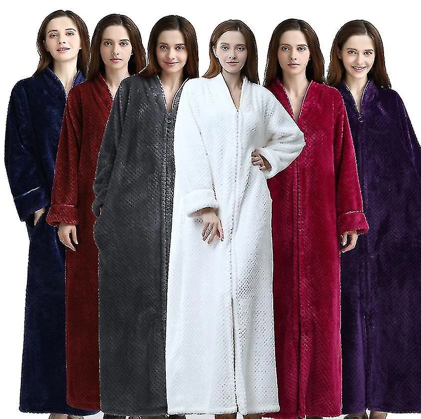 Zipper Bathrobe For Womens Flannel Fleece Robes Winter Warm Housecoat Nightgown